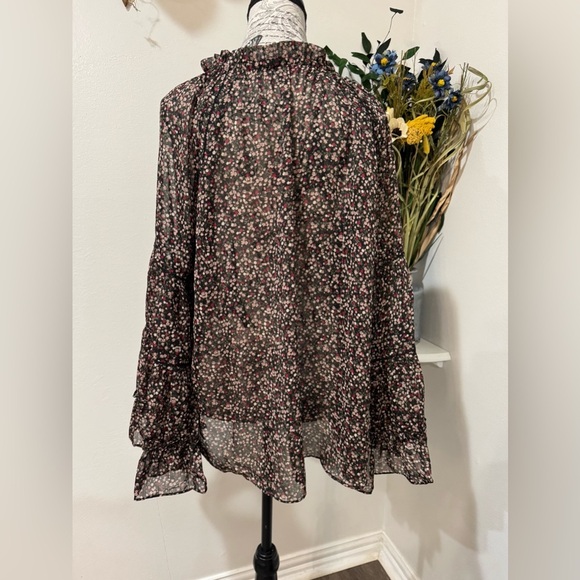 Buddy Love Brown and Cream Ruffled 3/4 Bell flowy Sleeves sheerBlouse size Med - Picture 5 of 10